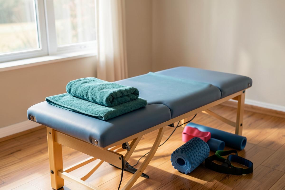 Therapieliege und Trainingsfläche für Manuelle Therapie und Sportphysiotherapie in [Stadt] — Dieses Foto ist ein KI-generiertes Symbolbild.